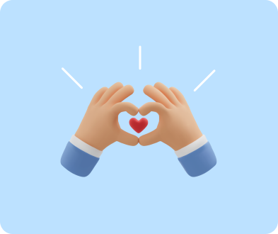 Dua tangan membentuk hati dengan jari-jari, menunjukkan cinta. Latar belakang biru memberikan kesan yang cerah dan positif.