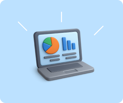 Laptop menampilkan grafik dan diagram berwarna, menunjukkan analisis data. Latar belakang biru menambah kesan profesional dan modern.