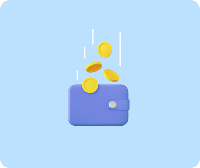 Dompet ungu terlihat menerima koin emas yang jatuh dari atas, menggambarkan situasi keuangan atau transaksi yang positif dalam latar belakang biru.