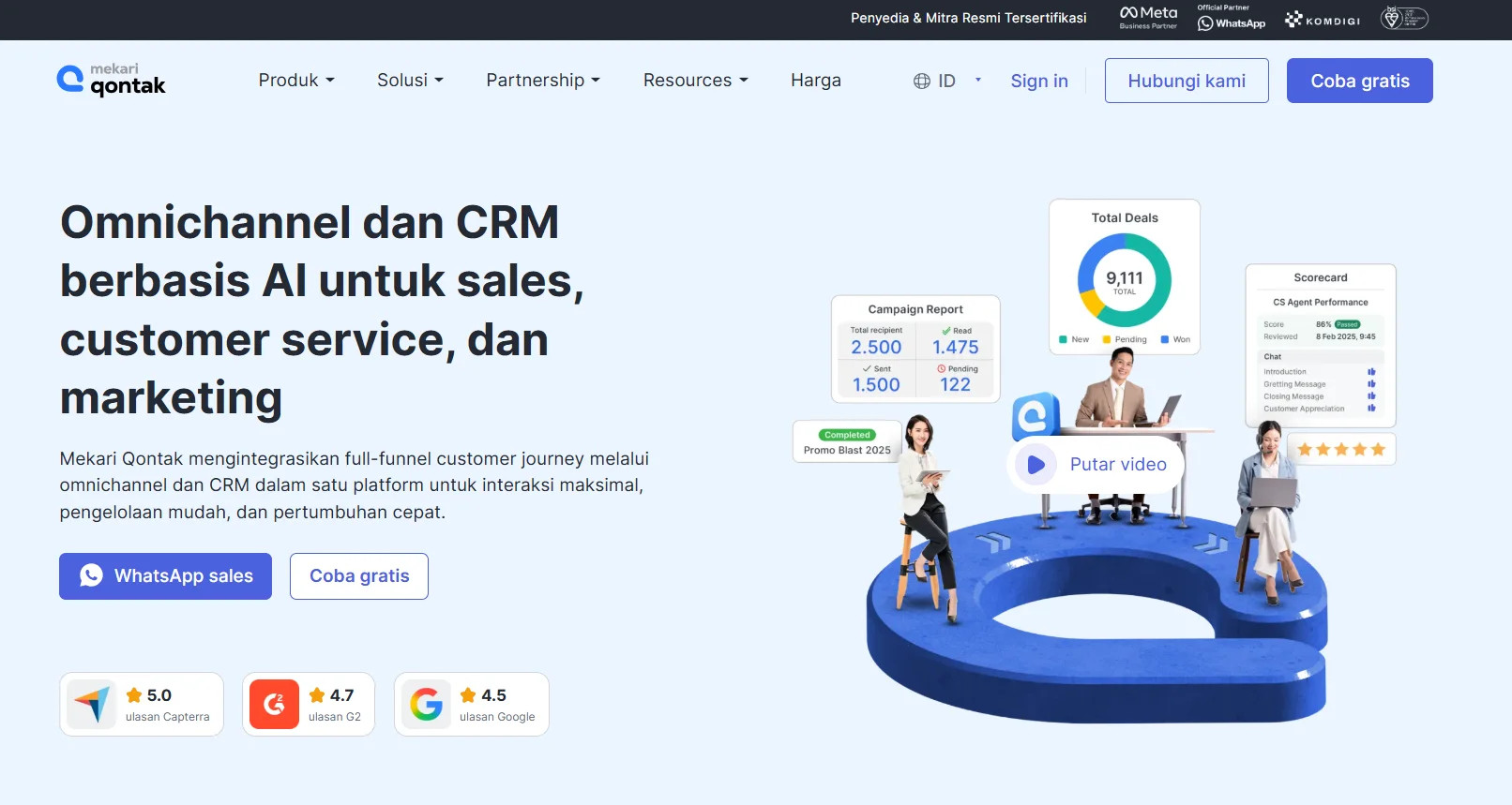Mekari Qontak Landing Page Platform digital ini menyajikan solusi CRM berbasis AI untuk meningkatkan interaksi layanan pelanggan dan penjualan, dengan data analitik yang jelas.