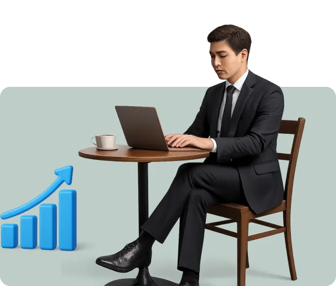 Seorang profesional berpakaian formal bekerja di laptop sambil duduk di kursi kayu, dikelilingi simbol grafik kenaikan yang menggambarkan pertumbuhan.