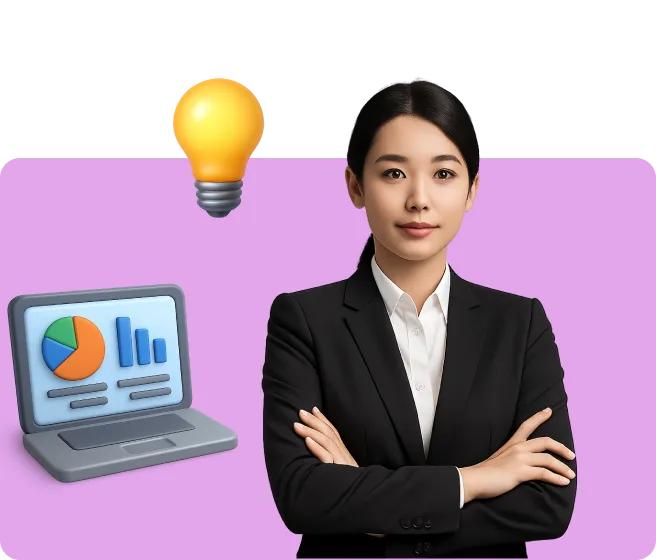 Seorang profesional berdiri dengan tangan disilangkan, dikelilingi grafik di laptop dan lampu ide menyala, mencerminkan suasana kerja yang inovatif.
