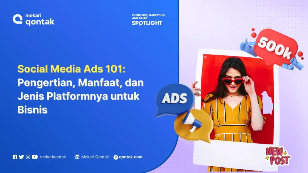 social-media-ads-101-pengertian-manfaat-dan-jenis-platformnya-untuk-bisnis Seorang wanita mengenakan baju berstrip, memegang bingkai foto kosong, dikelilingi oleh elemen grafis yang menggambarkan konsep iklan media sosial.