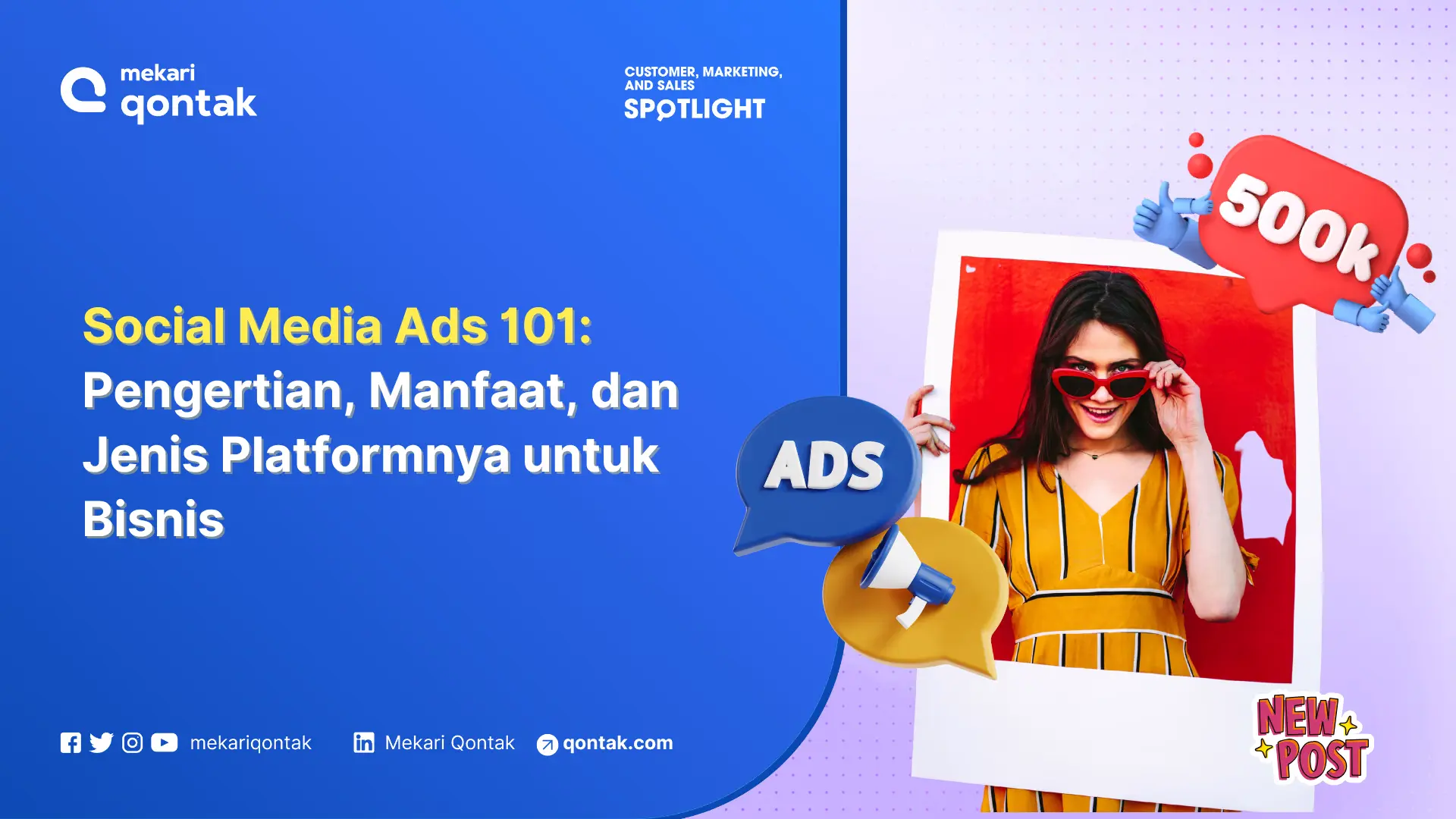 Seorang wanita mengenakan baju berstrip, memegang bingkai foto kosong, dikelilingi oleh elemen grafis yang menggambarkan konsep iklan media sosial.