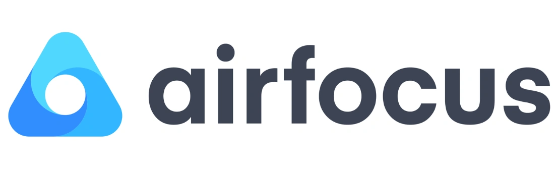 Logo airfocus menonjol dengan desain modern, mencerminkan fokus pada pengelolaan proyek dan kolaborasi. Warna biru dan hitam menambah kesan profesional.