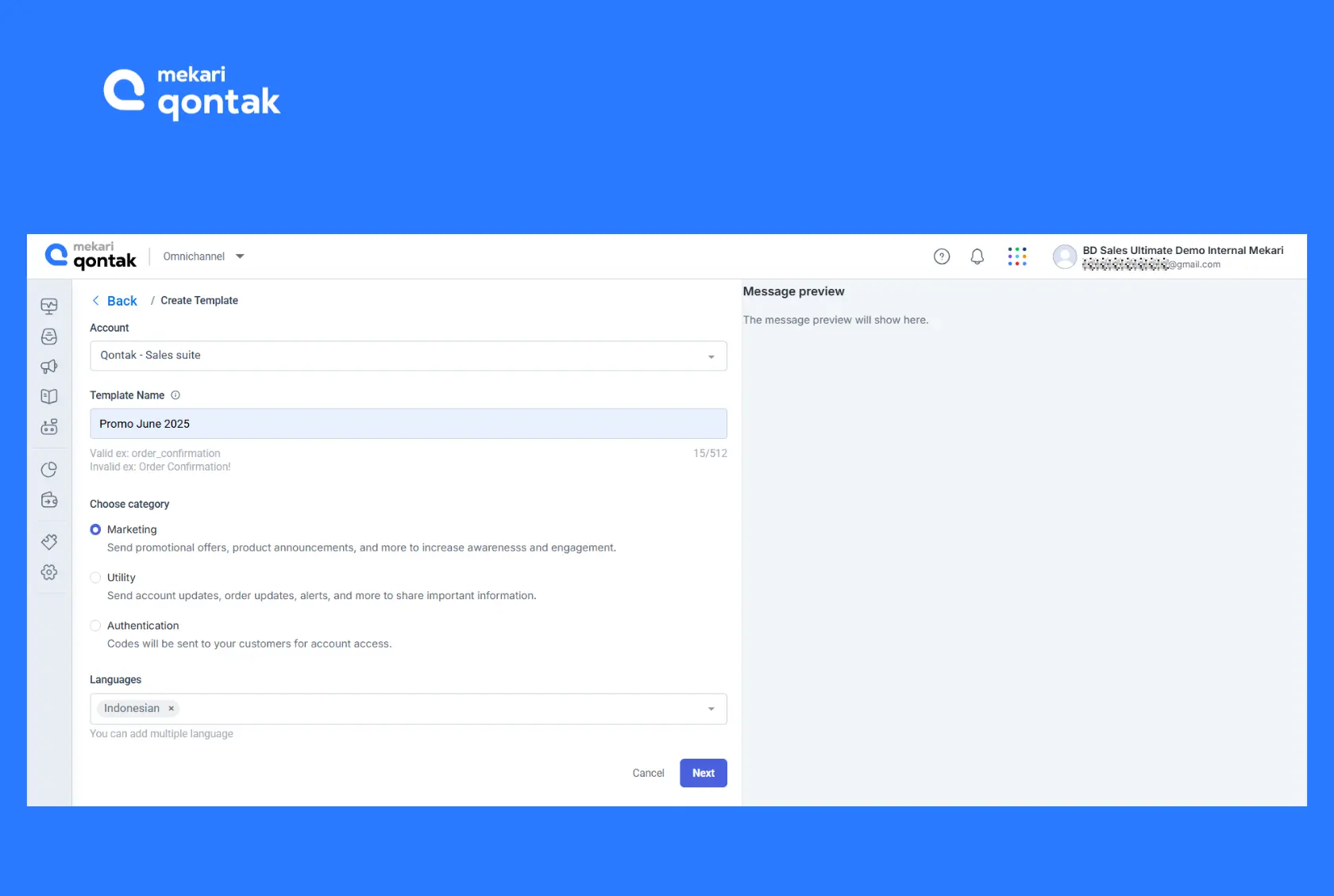 Illustration of filling out general information when creating a message template