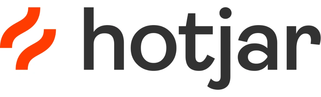 Logo Hotjar dengan desain sederhana menonjolkan tulisan "hotjar" berwarna hitam dan dua bentuk gelombang merah. Ini mewakili alat analisis pengalaman pengguna.