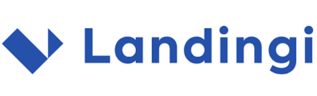Logo berwarna biru dengan teks "Landingi" yang sederhana dan modern, mencerminkan identitas merek digital yang kreatif dan inovatif.
