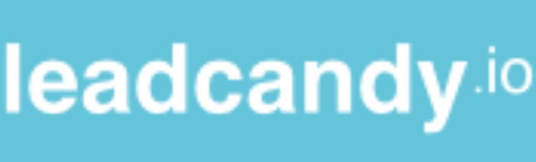 Logo LeadCandy.io yang berwarna biru, menampilkan teks sederhana dan modern, berfungsi sebagai identitas merek dalam konteks pemasaran digital.