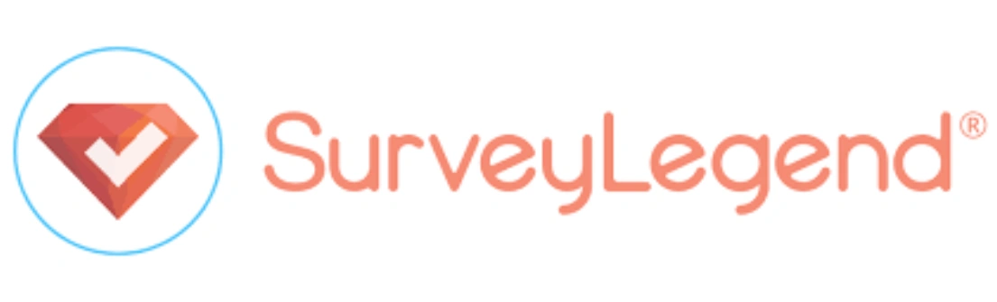 Logo berbentuk berlian merah dengan centang putih menampilkan nama "SurveyLegend" dalam font oranye, menciptakan identitas visual untuk platform survei online.