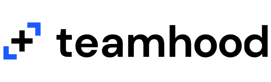 Logo Teamhood menampilkan teks "teamhood" dengan gaya modern, di mana simbol dan desain mencerminkan kolaborasi dan produktivitas dalam tim.