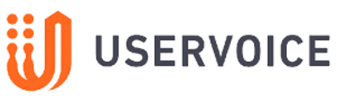 Logo berwarna oranye dan abu-abu bertuliskan "UserVoice" muncul, melambangkan platform untuk mengumpulkan umpan balik pengguna dalam konteks digital.