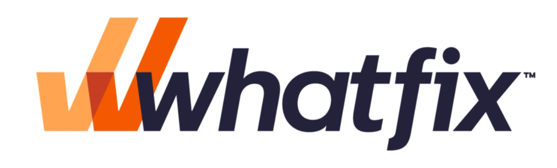 Logo Whatfix menonjol dengan kombinasi warna oranye dan hitam, mencerminkan identitas merek yang fokus pada solusi digital dan pengalaman pengguna yang intuitif.