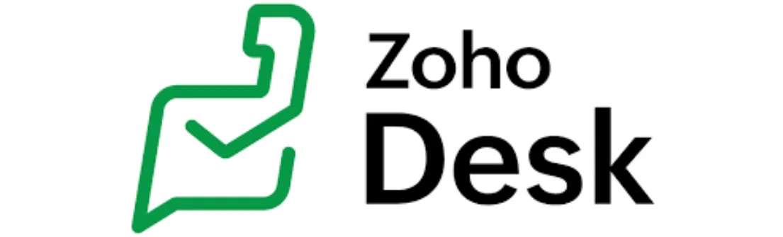 Logo Zoho Desk menampilkan simbol cek biru dan tulisan "Zoho Desk" dalam warna hitam, merepresentasikan platform layanan pelanggan yang efisien.