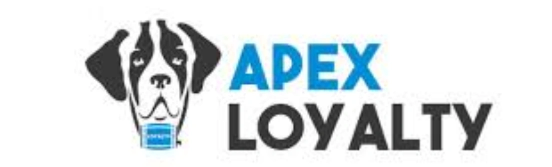 Anjing bergambar memegang kaleng dalam mulutnya, dengan tulisan "APEX LOYALTY" menggambarkan program loyalitas untuk pecinta hewan peliharaan.