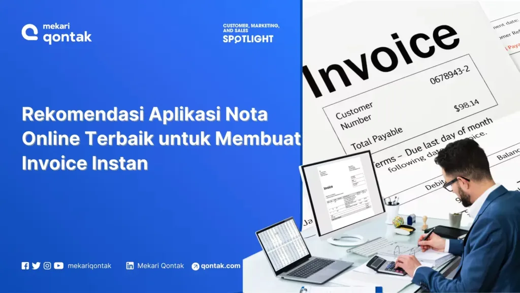 aplikasi-nota-online-terbaik-permudah-membuat-invoice Rekomendasi aplikasi untuk membuat nota online ditampilkan secara jelas, dengan tampilan komputer dan dokumen invoice di lingkungan kantor yang produktif.