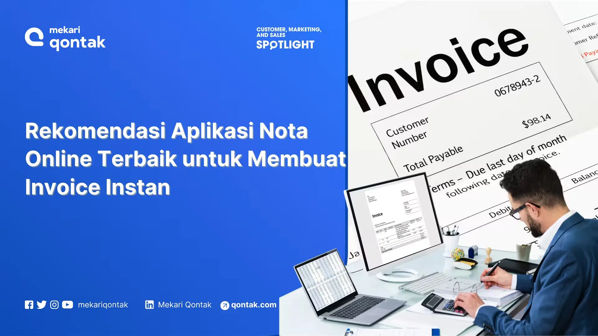 Rekomendasi aplikasi untuk membuat nota online ditampilkan secara jelas, dengan tampilan komputer dan dokumen invoice di lingkungan kantor yang produktif.