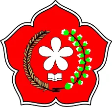 Lambang berbentuk bunga dengan warna merah menonjol, menampilkan buku terbuka, daun zaitun, dan sabut padi, melambangkan pendidikan dan kemajuan.