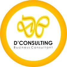 Logo D'Consulting menampilkan huruf berwarna kuning yang saling terhubung, mewakili konsultasi bisnis, terletak dalam lingkaran oranye yang dinamis.