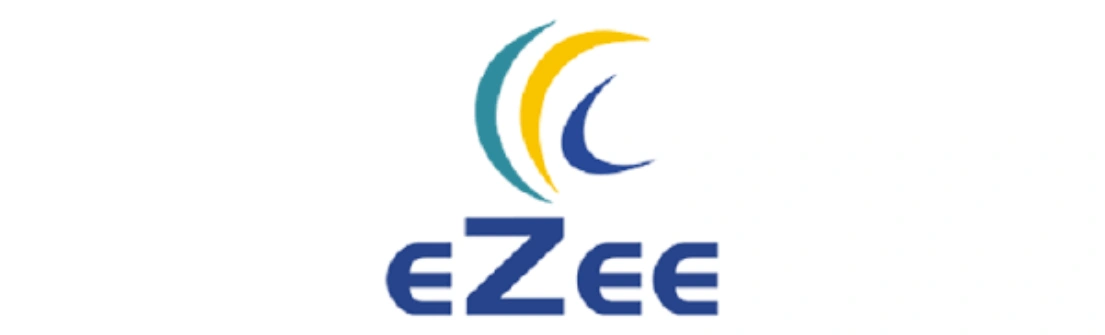 Logo berwarna biru, hijau, dan kuning menampilkan teks "eZee". Desain sederhana ini mencerminkan inovasi dan kemodernan di ruang digital.