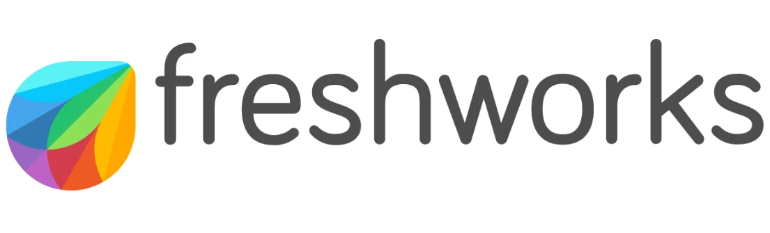 Logo Freshworks menampilkan elemen berbentuk daun berwarna cerah yang menggabungkan berbagai warna, mewakili inovasi dan solusi digital dalam layanan pelanggan.