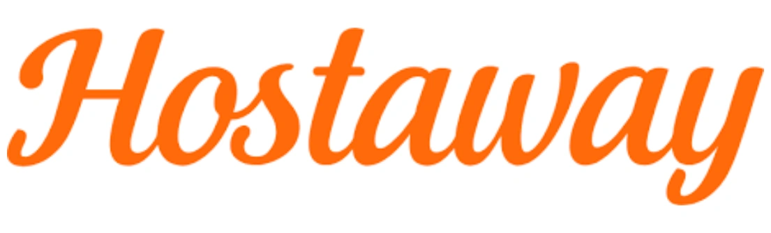 Tulisan "Hostaway" berwarna oranye, menonjolkan merek atau layanan yang terkait dengan akomodasi atau perhotelan di latar belakang yang sederhana.