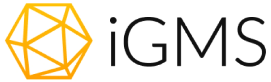 Sebuah logo geometri berwarna oranye dan hitam mewakili identitas iGMS, sebuah platform manajemen untuk penyewaan properti.