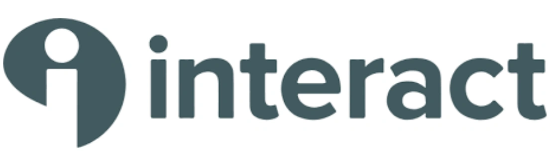 Logo bertuliskan "interact" berwarna gelap, menggambarkan konsep interaksi dan komunikasi, cocok untuk platform digital atau aplikasi.