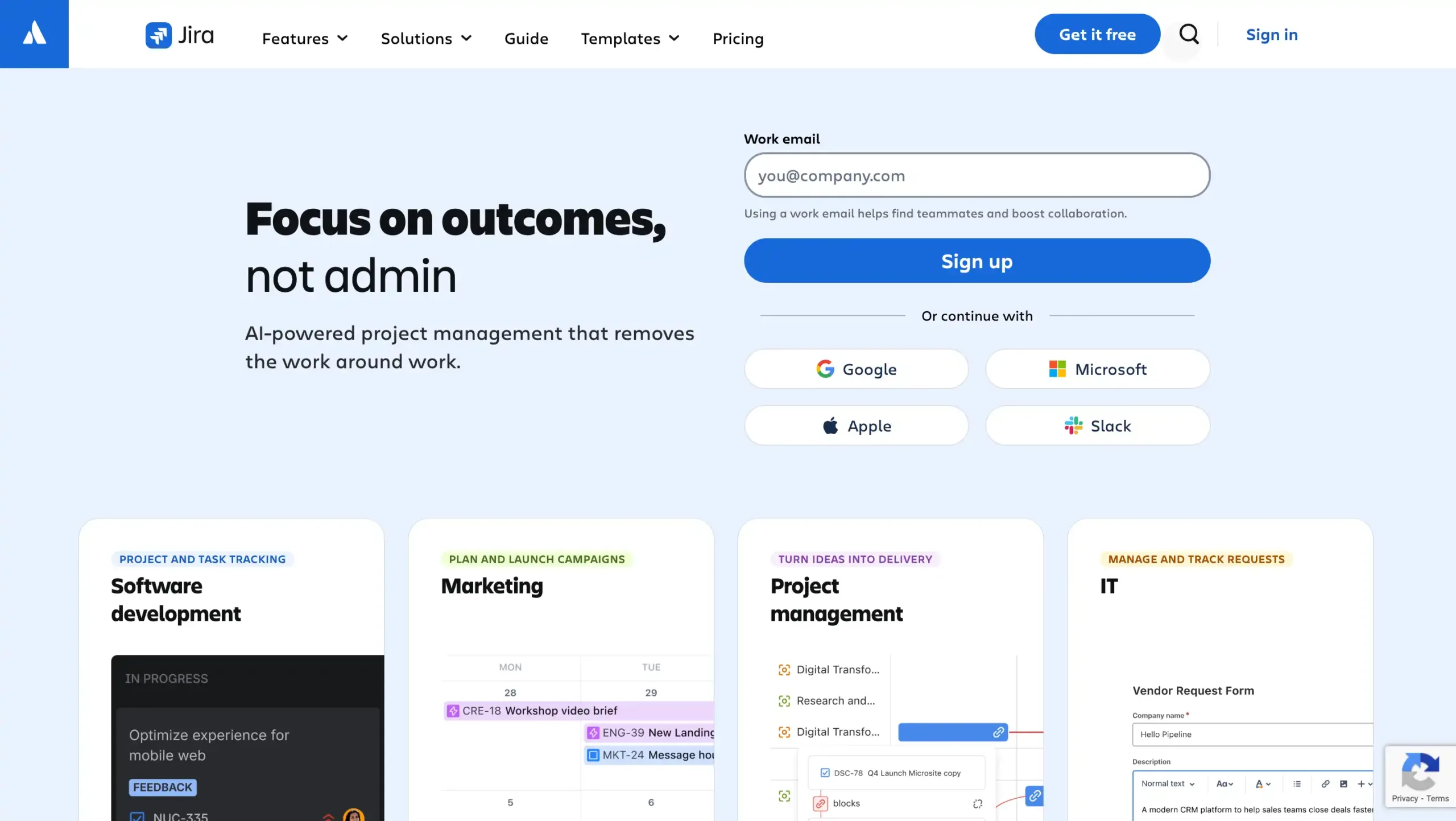Jira Service Management Landing Page best enterprise workflow management software-Platform manajemen proyek menunjukkan berbagai fitur dan template yang membantu pengguna merencanakan, meluncurkan, dan mengelola proyek dengan efisien.