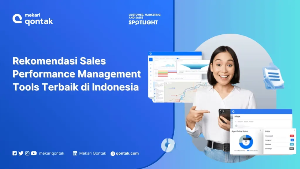 ilustrasi rekomendasi sales performance management tools terbaik untuk monitoring penjualan Seorang wanita memegang ponsel dan tersenyum, sementara tampilan perangkat lunak manajemen kinerja penjualan ditampilkan di latar belakang dengan desain modern.