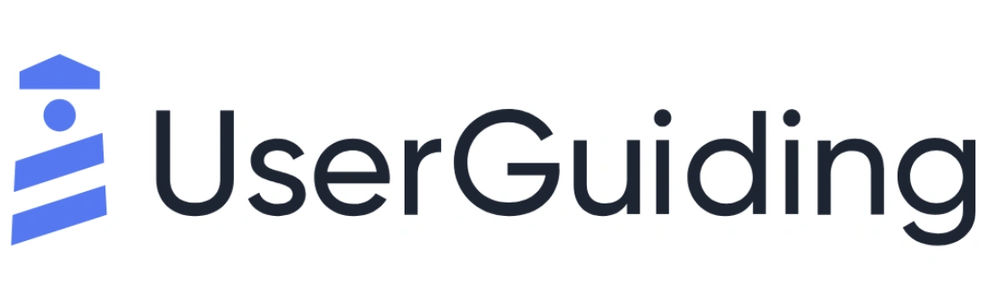 Logo dengan tulisan "UserGuiding" menampilkan simbol mercusuar biru. Simbol ini melambangkan panduan dan arah, cocok untuk membantu pengguna memahami produk.
