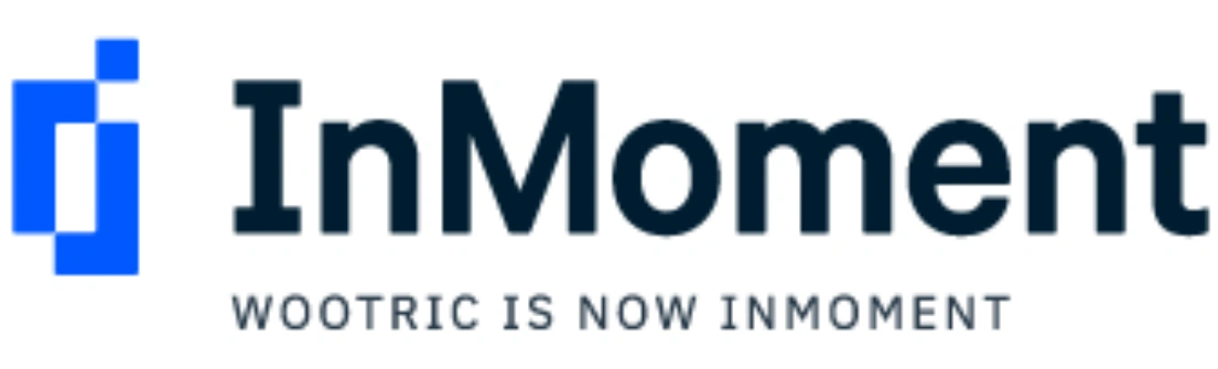Logo "InMoment" berwarna biru dan hitam menampilkan nama merek dengan penekanan pada perubahan dari "Wootric". Desain sederhana menciptakan kesan profesional.