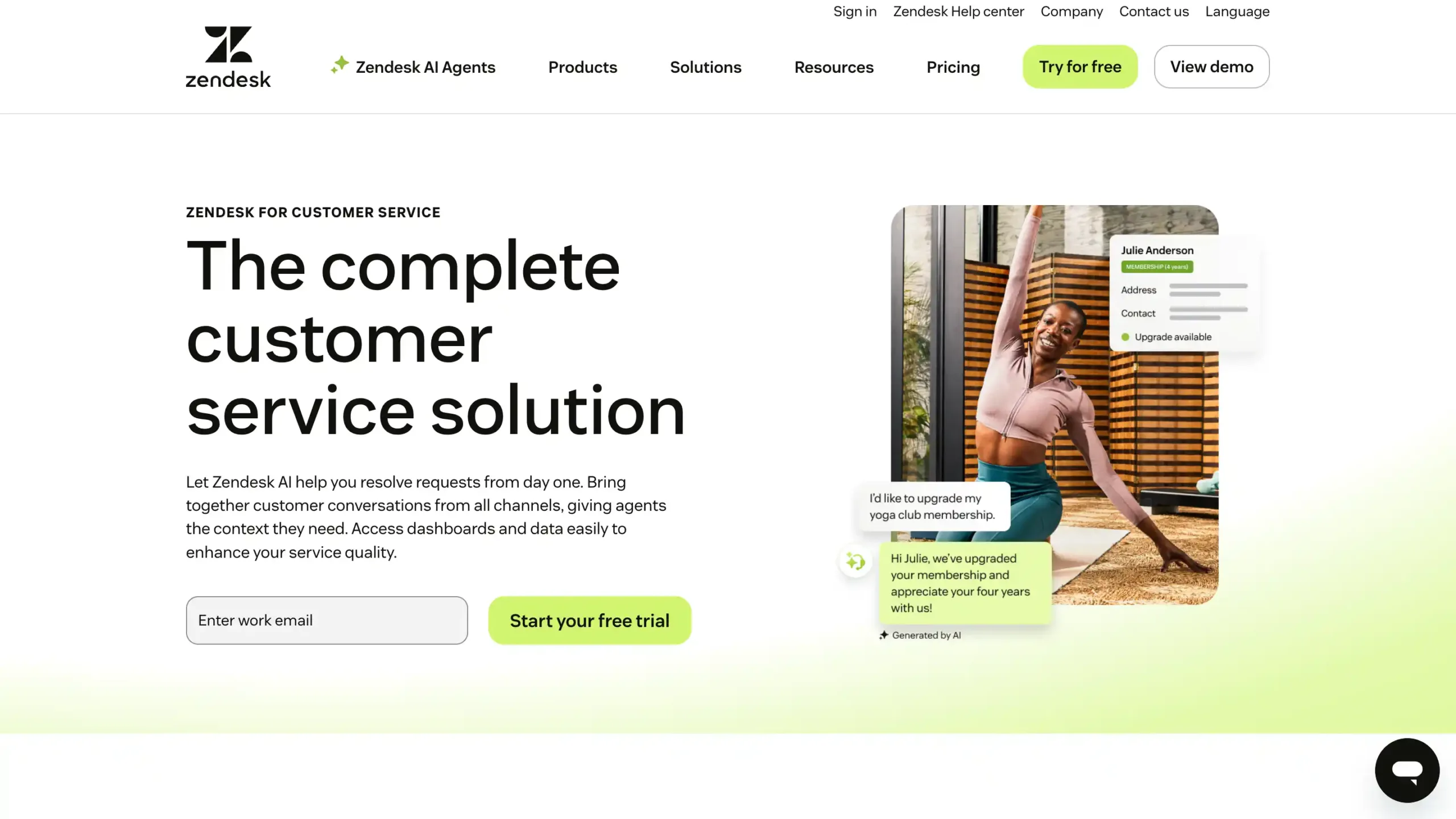 Landing Page Zendesk platform conversational ai terbaik-Platform layanan pelanggan menampilkan pengalaman pelanggan yang dipersonalisasi dan interaksi AI, membantu dalam pengelolaan permintaan secara efisien.