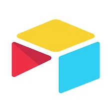 Sebuah logo berwarna cerah dengan tiga bentuk geometris: segitiga merah, kubus biru, dan persegi kuning, mewakili identitas merek dinamis.