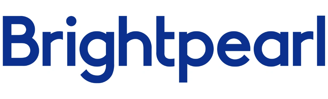Logo Brightpearl berwarna biru, menonjol dengan font modern, digunakan untuk merepresentasikan merek perangkat lunak manajemen bisnis.