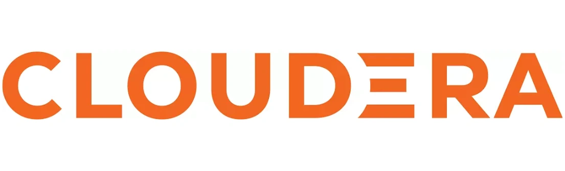 Logo Cloudera berwarna oranye, menampilkan desain minimalis dengan huruf kapital. Digunakan dalam konteks teknologi data dan analisis.