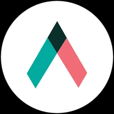 Logo dengan bentuk segitiga berwarna hijau dan merah muda, berdiri di tengah lingkaran putih, menyampaikan identitas merek yang modern dan dinamis.