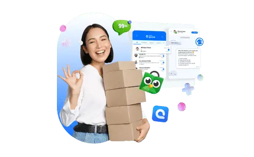 Sebuah individu memegang tumpukan kotak dengan satu tangan sementara menunjukkan tanda persetujuan, dikelilingi oleh elemen digital yang mencerminkan interaksi aplikasi.