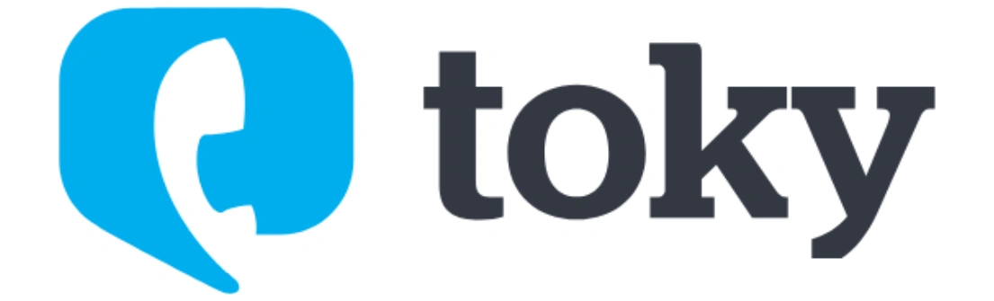 Logo berbentuk balon percakapan berwarna biru di sebelah kiri mengandung teks "toky" berwarna hitam, mencerminkan layanan komunikasi digital yang modern dan ramah.