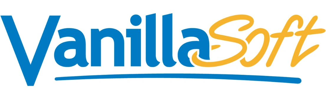 Logo berwarna biru dan kuning putih dengan tulisan "VanillaSoft." Mewakili perusahaan teknologi, menonjolkan profesionalisme dan kesederhanaan.