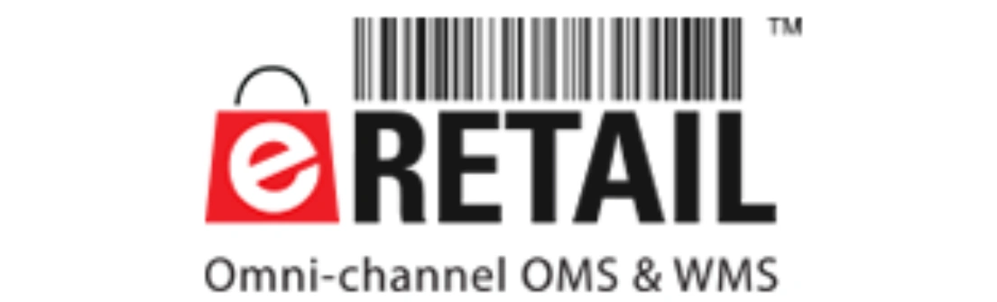Logo eRetail menampilkan nama merek dengan desain modern dan simbol tas belanja, mengindikasikan layanan manajemen saluran ritel yang terpadu.