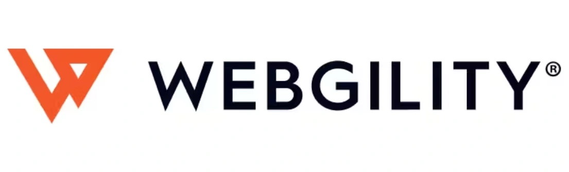 Logo dengan elemen grafis berbentuk segitiga oranye dan teks "WEBGILITY" berwarna hitam, menunjukkan identitas merek di latar belakang sederhana.