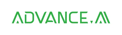 Teks berwarna hijau "ADVANCE.AI" terletak di latar belakang putih, menciptakan kontras yang jelas untuk menarik perhatian dan melambangkan identitas merek teknologi.