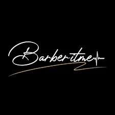 Tulisan "Barbertime" menonjol dengan gaya kaligrafi yang elegant, menciptakan suasana modern dan profesional di dunia penataan rambut.