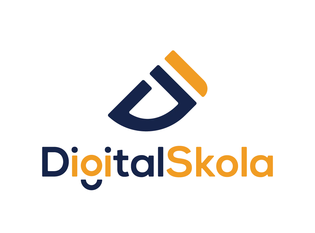 Logo bertuliskan "DigitalSkola" dengan simbol alat tulis yang terintegrasi, mencerminkan fokus pada pendidikan digital dalam konteks modern.