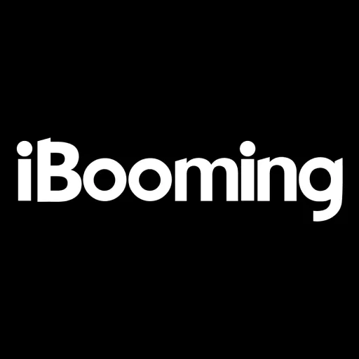 Logo iBooming terlihat jelas dengan tulisan putih mencolok di latar belakang hitam, memperkuat identitas merek dalam dunia digital.