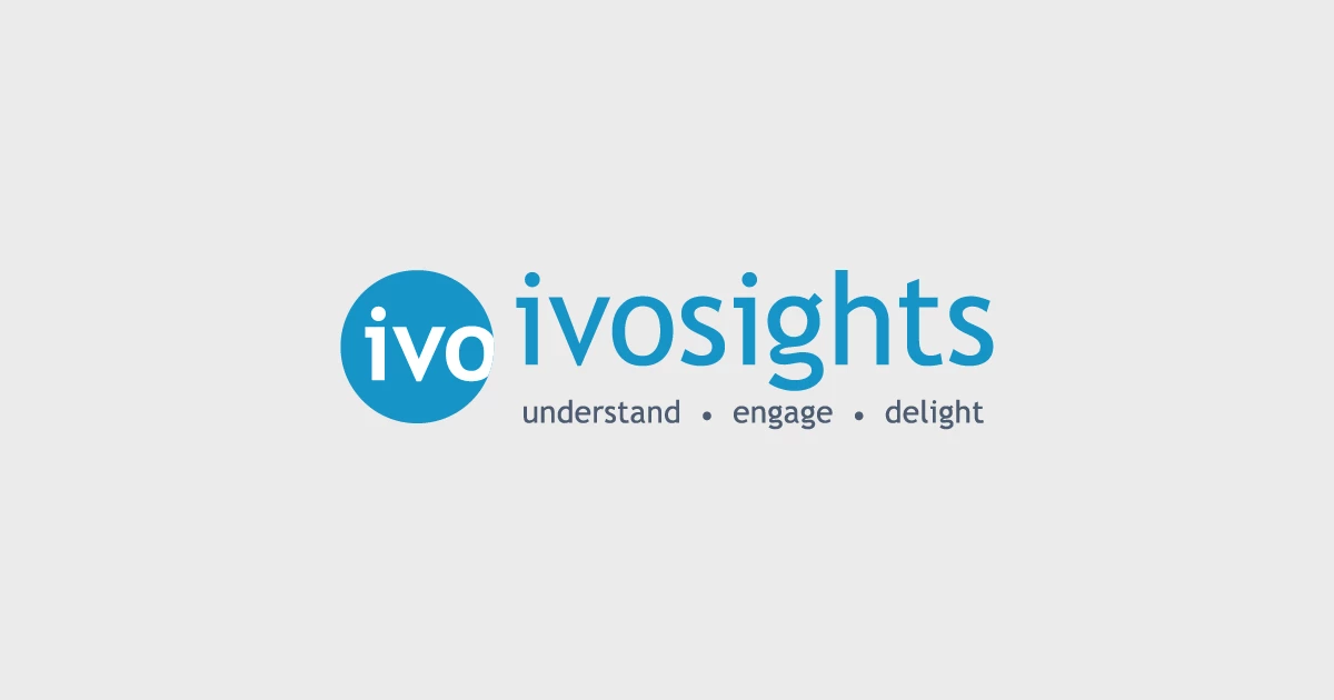 Logo berwarna biru muda menonjol dengan kata "ivosights" di bawahnya, diikuti dengan tiga kata kunci: "understand," "engage," dan "delight," menciptakan kesan profesional dan informatif.