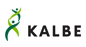 Logo Kalbe menampilkan dua figur manusia yang berinteraksi secara dinamis, melambangkan keterhubungan dan kesehatan, dengan huruf "KALBE" yang jelas dan tegas di sampingnya.