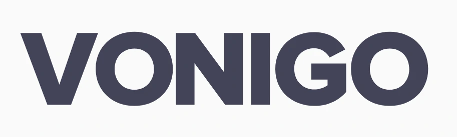 Kata "VONIGO" berdampak visual, menciptakan identitas yang kuat. Ditampilkan di atas latar belakang netral, menandakan layanan modern dan profesional.