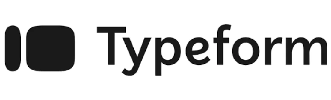 Logo Typeform terlihat menonjol dengan desain minimalis. Simbol berbentuk persegi panjang dan huruf besar merepresentasikan identitas merek dalam konteks pembuatan survei dan formulir.